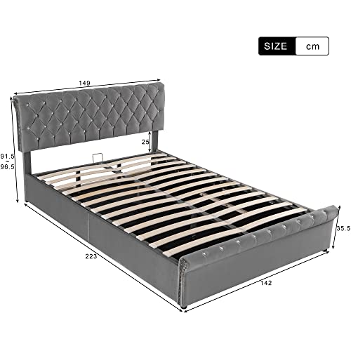 Moimhear Doppelbett 140 x 200cm, Polsterbett, Hydraulisches Funktionsbett, Samt, Continentalbett, Kristall Schnalle, Höhenverstellbares Kopfteil, Grau (140x200cm)