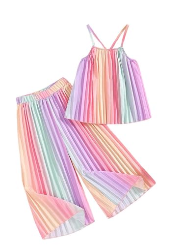 RoseSeek Girl's 2 Piece Boho Cute Outfits Pleated Spaghetti Strap Camisoles Elastic Waist Wide Leg Pants Sets Pink 6Y