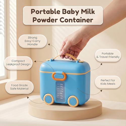 Image of StarAndDaisy Formula Milk Container for Baby Milk Powder Container with Scoop Holder, Portable Formula Dispense, Airtight First Feed Baby Food Storage Container /Box for Travel 200 Grams (Bus-Blue)