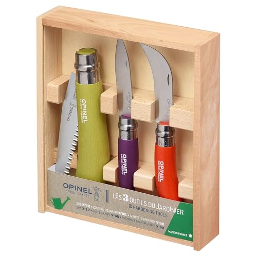 Opinel - Kit de Jardinage - 3 Outils de Poche, 1 Couteau de Jardin, 1 Serpette-Greffoir N°08 et 1 Scie Fermante N°12 - Lame Acier Inox, Manche Bois de Hêtre