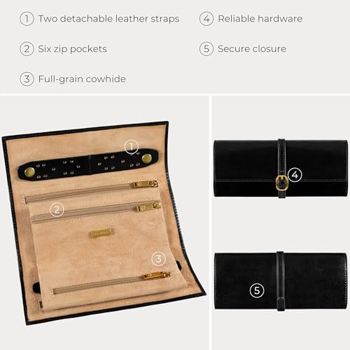 Image of Time Resistance Leather Jewelry Roll - Full Grain Leather Travel Jewelry Case - Jewellery Organizer Made in Italy (Black)