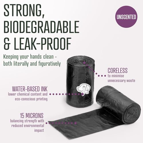 Image of Dog Poo Bags | Eco Biodegradable Poop Bags | Thick Dispenser Refill Rolls with Tie Handles | Strong Bags | 100% Leak-Proof Unscented Sacks (Black, 1 Box - 270)