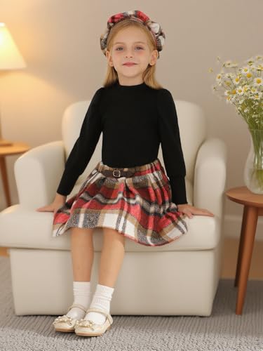 Image of Toddler Girl Outfits Puff Sleeve Ribbed Shirt Knitted Tops Pleated Plaid Skirt Set with Hat 3Pcs Fall Winter Clothes