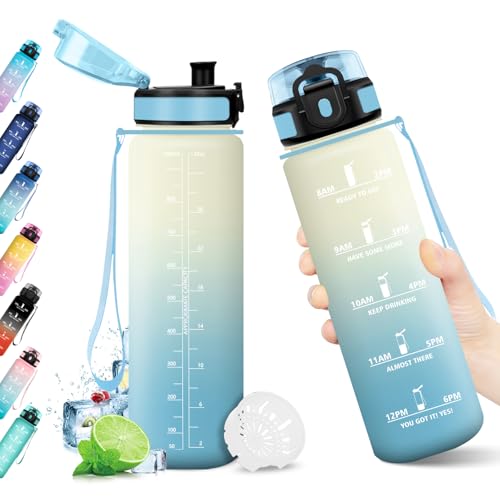 KollyKolla Water Bottle, 1 Litre, Leak-Proof, Water Bottle with Time Marking, Sports Water Bottle with Filter, BPA-Free, Sports Water Bottle for Gym, Bicycle, Office, Outdoor, Adults,