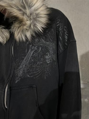 RICHTRUE Therian Fur Hood Jacket Y2k Goth Zip Up Hoodie Oversized Graphic Sweatshirt Emo Grunge Streetwear Fall Winter 20254