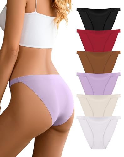 Dawnrole Damska bezszwowa bielizna wysoki krój stringi bikini majtki damskie niepokazujące niski stan rozciągliwe majtki 6 sztuk, Czarny/Kawowy/Fioletowy/Czerwony/Nude/Biały, S
