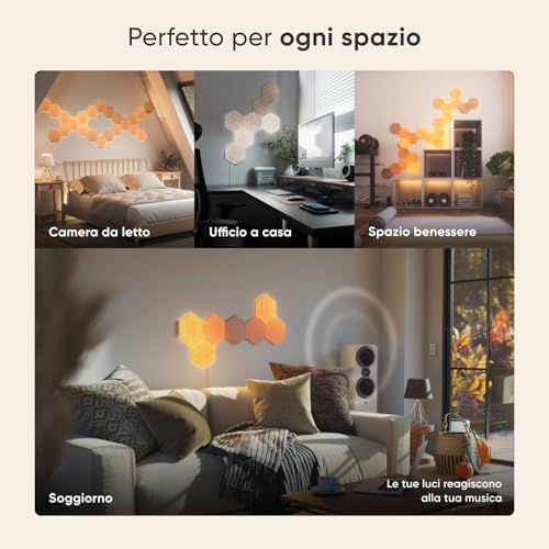 Elements Starter Kit, 7 Esagoni Luminosi LED Effetto Legno Smart - Applique da Parete Interno Modulari, Luci Led Dimmerabile WiFi, Funziona con Alexa, Sincronia Musicale, Decorazioni Casa - Illuminazione - Immagine 4