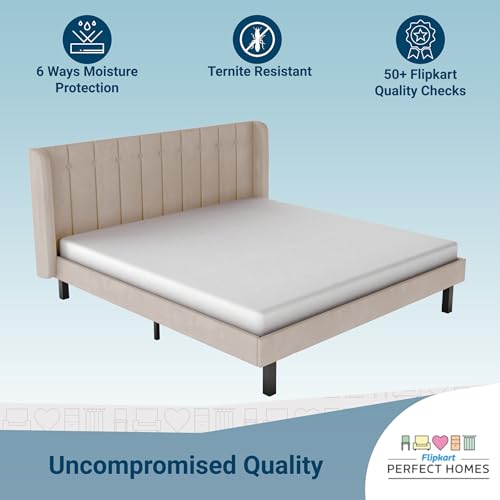 Image of Wooden Modern Upholstered Queen Size Bed for Bedroom | Wooden Double Bed Without Storage | Platform Cot Upholstered Bed with Upholstery Fabric | Engineered Wood | 6.5 x 5 Ft | Beige-A