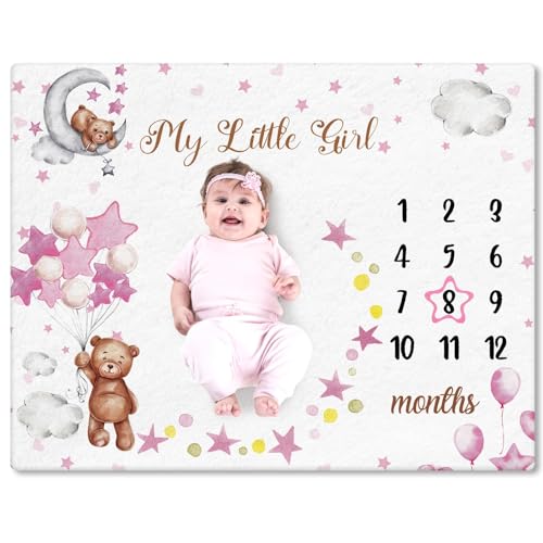 Image of Baby Milestone Blanket Pink Classic Bear Monthly Milestone Blanket for Baby Girl Bear Soft Touch Photography Background Photo Backdrop for Newborn Baby Growth Chart 60" X 40"