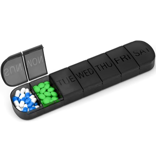 Black Weekly Pill Box Organiser, 7 Day Travel Tablet Case
