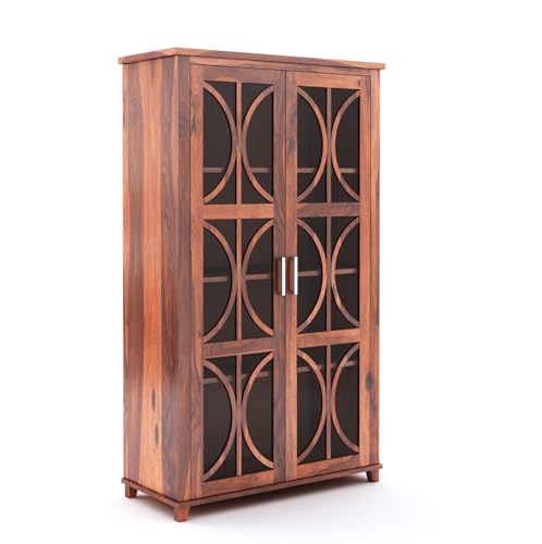 Image of SONA ART & CRAFTS Sheesham Wooden Crockery Cabinets with Glass Door | Wooden Showcase Almirah | Solid Wood Book Shelf Crockery Unit for Kitchen Living Room (Honey Finish-CC04)