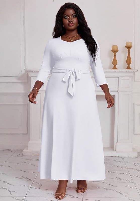 Maxi Dress for Women 3/4 Sleeves V-Neck Semi Formal Church Long Casual Dresses with Pockets3