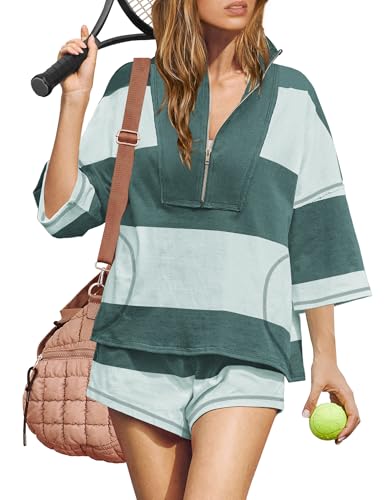 ReachMe Womens Workout Striped Short Sets 2 Piece Outfits Summer Matching Lounge Sets Top and Shorts with Pockets
