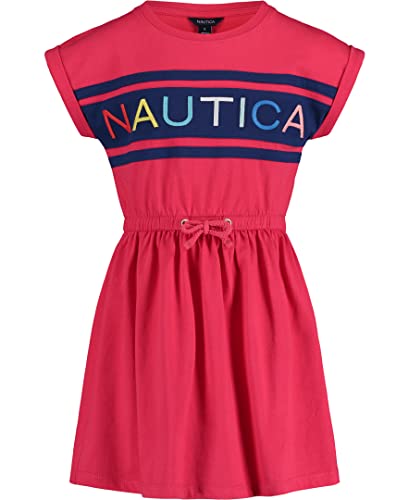 Nautica Girls' Short Sleeve Jersey Tee Dress with Elastic Cinched Waist, Fun Designs & Colors, Virtual Pink 22, 4