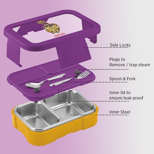 Image of Milton Sports Ethan 2 | KKR Official Drinkware Partner | Inner SS Tiffin Box, 2 Partition,Steam Release Plug | PU Insulated,Leak-Proof | Lunch Box for Kids,Boys,Girls with Snap Lock Lid | 650 ml, Gold