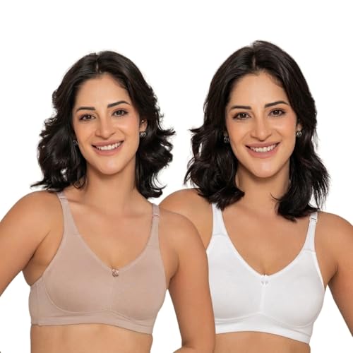 Image of INKURV Seamless Non-Padded Bra for Women | Non-Wired Cotton Full Coverage T-Shirt Bra | Thin Adjustable Straps | Double Layered Cups | Anti Sag Lift Up Support | Luna Combo of 2