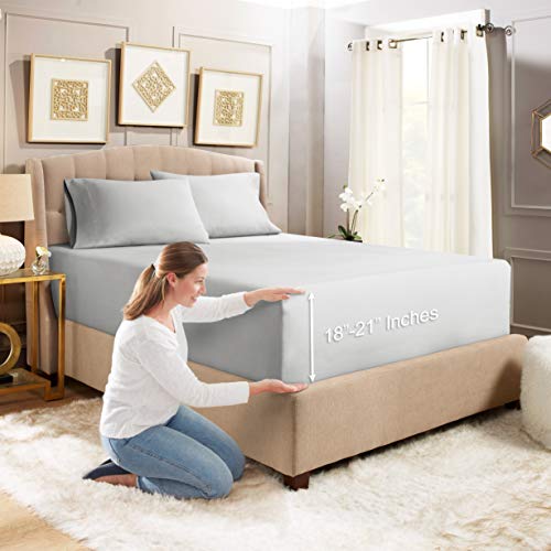 Empyrean Bedding Extra Deep Fitted Sheets King Size - 24" Extra Deep Fitted Sheets Set with 2 Pillowcases - 3 Piece Extra Deep Fitted Bed Sheet - Extra Deep King Fitted Bed Sheets - Silver Light Gray