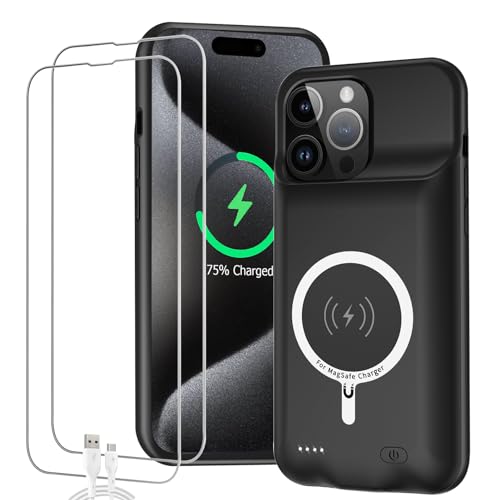 Battery Case for iPhone 15 Pro Max 12000mAh High Capacity Smart Portable Charger Case Rechargeable Battery Pack Charging Case with Wireless Charging Compatible with iPhone 15 Pro Max (6.7 inch)-Black