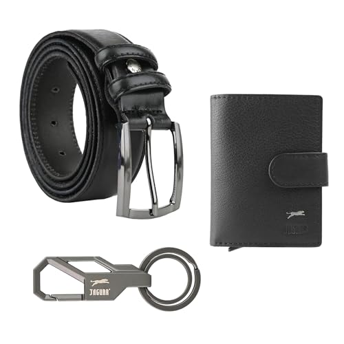 JAGUAR Coffret cadeau pour homme, porte-cartes en cuir, ceinture 125 cm, porte-clés métal, noir