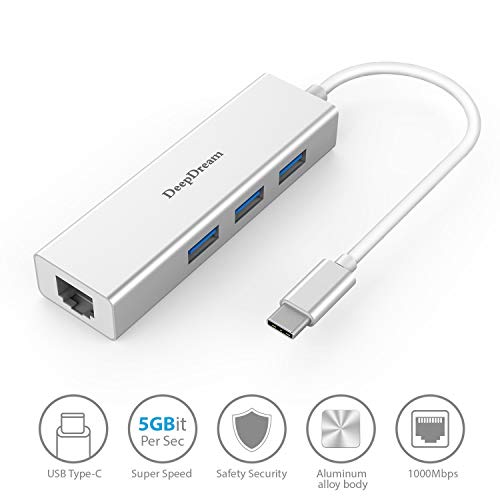 Configear Type C Adapter to RJ45 Gigabit Ethernet with 3 Ports USB 3.0 Hub for MacBook, Surface Pro, Notebook, USB Flash Drives, Desktop PC