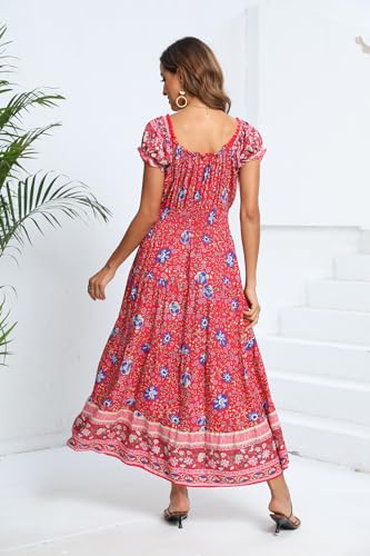 Image of OSTOO Women's Floral Maxi Dress Boho Summer Short Sleeve Smocked Waist Tiered Long Dress