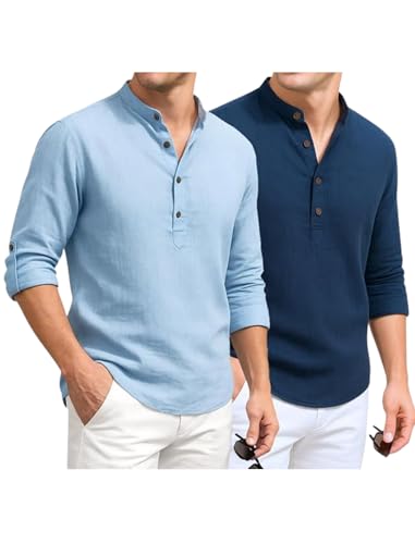 Image of DEEMOON Combo of Men's Cotton Blend Solid Regular Fit Full Sleeve Short Kurta | Men's Trendy Short Kurta Pack of 2 (Available in Plus Size & Combo Packs)