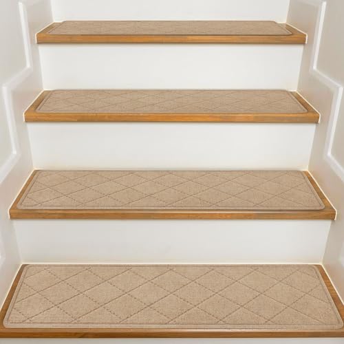 KOOTETA Carpet Stair Treads Non Slip 20 * 76cm15 Pack Carpet Stair Runner Reusable Adhesive for All Clean Smooth Staircases Steps Protector Mat for Kids Elders Pets Beige