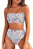 Pink Queen Women's High Waisted Bikini Set Off Shoulder Bandeau Swimsuit Top High Cut Cheeky Swimwear Floral Blue M
