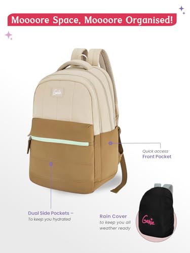 Image of Genie Marshmellow School Backpack For Girls |19 Inch-36 Litres With Laptop Sleeve, Rain cover, Three Compartments, |Best for Books, Water Bottles, Stationery, Laptop, Lunch Box & Essentials - Brown