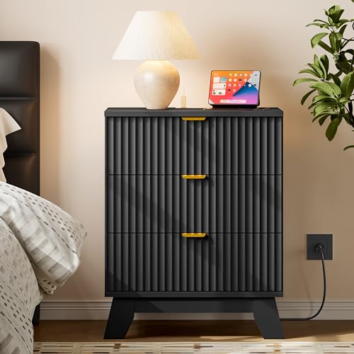Image of BORNOON 30.5 inch Nightstand with Charging Station, 3-Drawer Fluted Bedroom Chest, Wood Bedside Dresser with Power Outlets and USB Ports, Metal Slides, Stable Base, Modern Storage Cabinet for Small Spaces