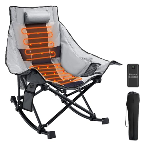 ZENPETIO Heated Camping Chair, Oversized Outdoor Rocking Chair with 3 Heat Levels, Portable Folding Heated Chair for Camp, Lawn, Sports, Winter Use (Battery Included)