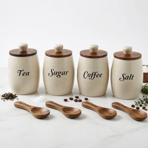 Image of Ceramic Tea Coffee Sugar Salt Containers Set of 4 with Wooden Spoons & Lids | Jar & Container for Kitchen Storage Set | Multi Utility Air Tight Kitchen Organizer Item (Hand-Painted, 400 ML)