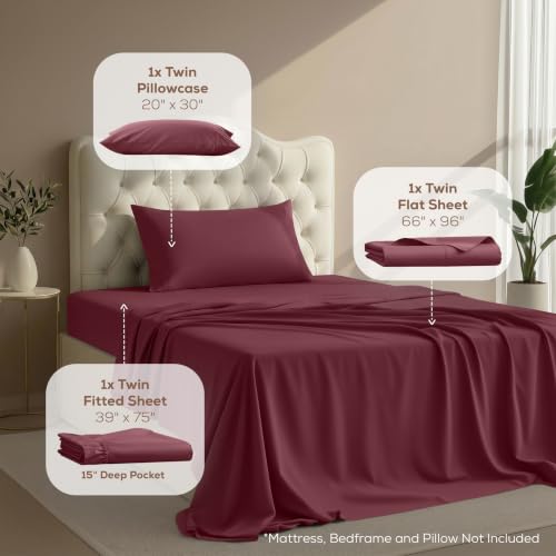 Image of Utopia Bedding Twin Sheet Set - 3 Piece Bed Sheets for Twin Size Bed, Soft and Breathable Microfiber, Includes 1 Fitted Sheet, 1 Flat Sheet and 1 Pillowcase - Oeko Tex (Burgundy)