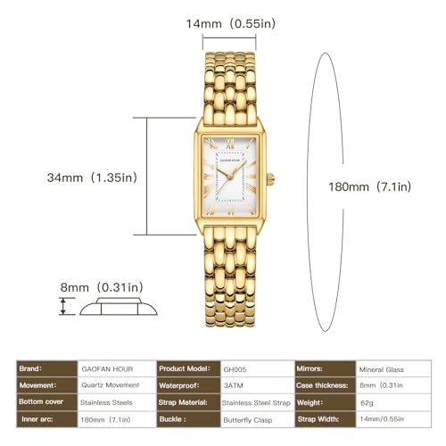 gold watches for women with vintage rectangular casewhite roman dialstainless steel bandadjustment tool includedwater resistant