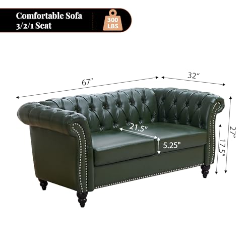 Image of LEVNARY Chesterfield Loveseat, 2 Seater Tufted Couch for Living Room, Classic Button Tufted Upholstered Sofa, Modern Mid-Century PU Leather Loveseat (Green)