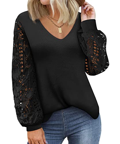 Lillusory Women's Black V Neck Lace Crochet Lightweight Sweaters 2023 Fall Winter Vintage Knit Pullover Sweater Tops #TOP15