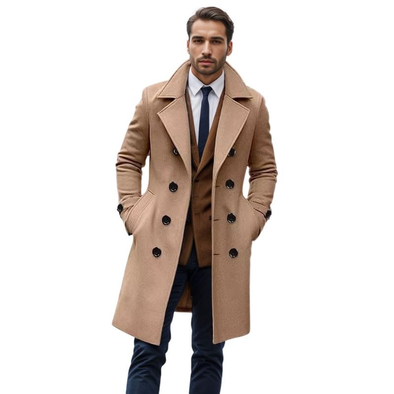Men's Woolen Coat Double Breasted Long Jacket for Autumn and Winter
