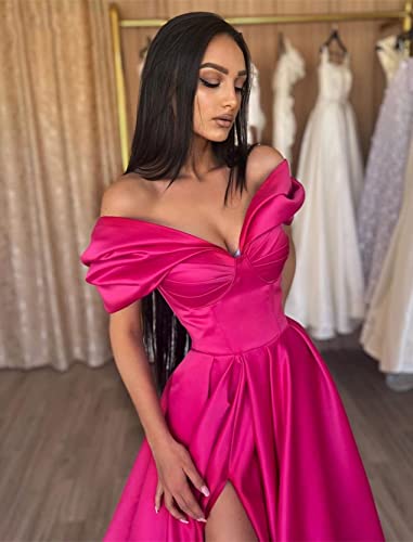 Women's Satin Prom Dresses with Pockets Ball Gowns Long Slit Maxi Evening Gown Off Shoulder Formal Party Dress 20232