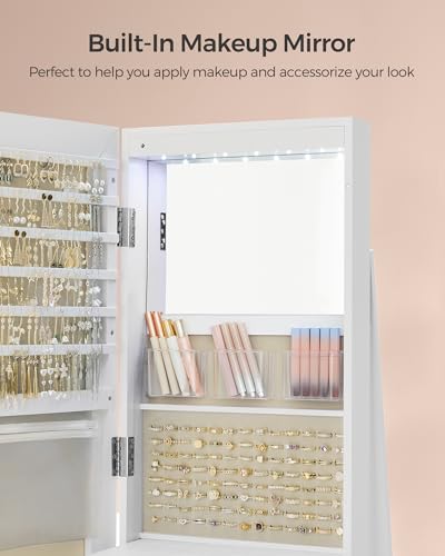 Image of SONGMICS 6 LEDs Mirror Jewelry Cabinet Organizer, 360 Swivel, Lockable