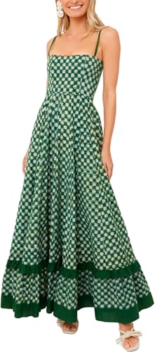Image of Women Spaghetti Strap Flowy Long Dress Boho Floral Square Neck Maxi Dress Summer A-Line Dresses for Beach Vacation