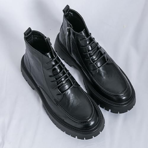Men's Textured Leather Platform Chunky Low Heel Combat Boots with Side Zipper Vintage Round Toe Lug Sole Non-Slip Lace-Up Motorcycle Boots Work Office Business Casual Oxfords 7