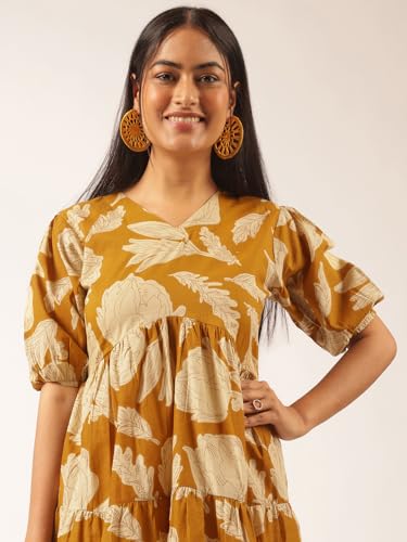 Image of Vbuyz Women's Floral Print Flared Cotton Beige Stitched Dress