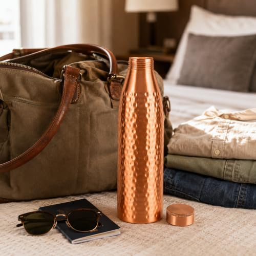 Image of Pure Copper Water Bottle 32 Oz with Carry Bag & Cleaning Brush, Wide Mouth Leak Proof Ayurvedic Drinking Bottle, Reusable Copper Bottle for Home Office Gym Travel