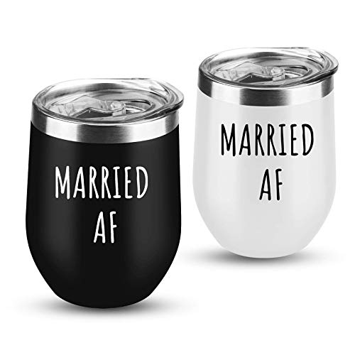 Couple Gifts Married AF Wine Tumbler Wedding Anniversary Bridal Shower Engagement Valentines Day Birthday Gifts for Couples Newlyweds Bride Husband Wife Women 12 oz Black and White