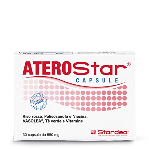 Stardea Aterostar Capsule, Integratore Riso Rosso, Policosanolo, Niacina, Tè Verde, Vitamine, Controllo dei Grassi nel Sangue, Metabolismo dei Lipidi, 30 Capsule