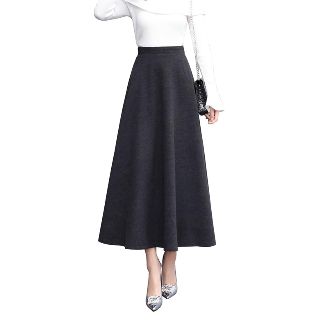 LWZDREAM Women’s Fall Winter Plaid Maxi Skirt Elegant Wool High Waist A-line Pleated Swing Long Skirts(M,Grey)