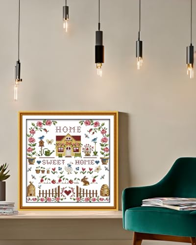 Image of CaptainCrafts New Cross Stitch Kits Embroidery Kit Full Range Pre-Printed and Counted Fabrics Kits for Adults Beginners Home Decor (Stamped 11CT, Sweet Home)