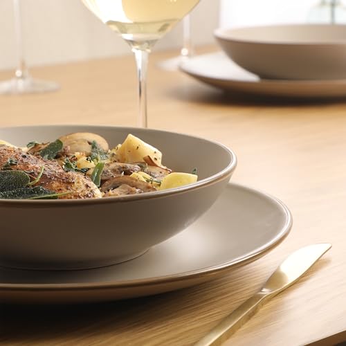 Image of Gibson Home Chiswick House 16-Piece Stoneware Dinnerware Set, Round Plates and Bowls Set for 4, Beige with Wax Relief Embossed Rim Detail, Dishwasher Safe - Dinner Plate, Salad Plate & Cereal Bowl