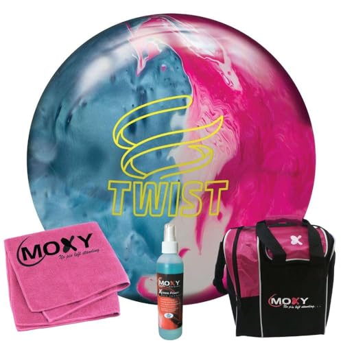 Bowlerstore Products Brunswick Twist Sky Blue/Pink Snow Bowling Ball | Moxy Strike Pink Bowling Bag | Moxy Pink Micro Fiber Towel | Moxy Xtreme Power Cleaner Package 8lbs