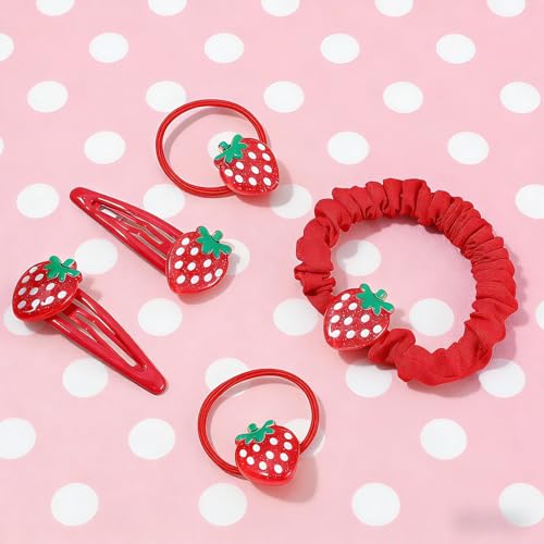 Set 5 piezas pinzas y ligas de pelo fresa rojo miniatura 3